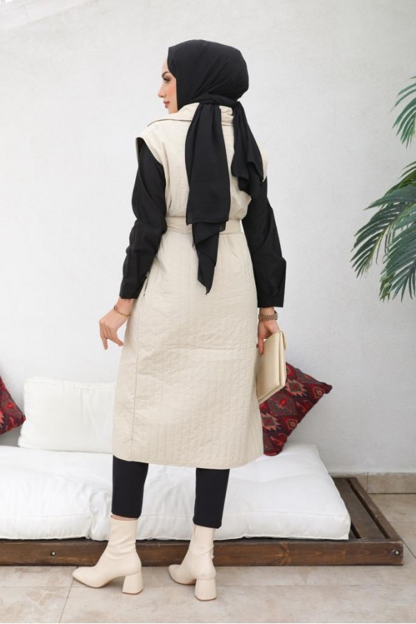  Çıtçıtlı Dikey Çizgili Kapitone Yelek Bej 88005