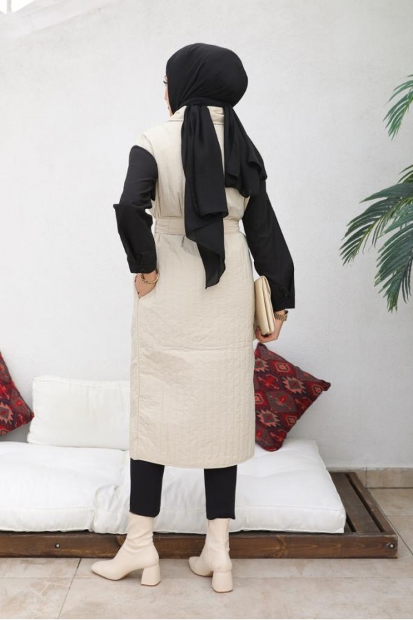  Çıtçıtlı Dikey Çizgili Kapitone Yelek Bej 88005