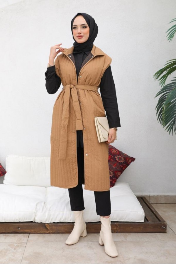  Çıtçıtlı Dikey Çizgili Kapitone Yelek Camel 88005