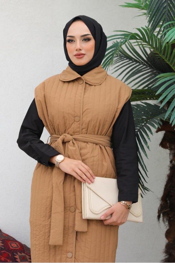  Çıtçıtlı Dikey Çizgili Kapitone Yelek Camel 88005