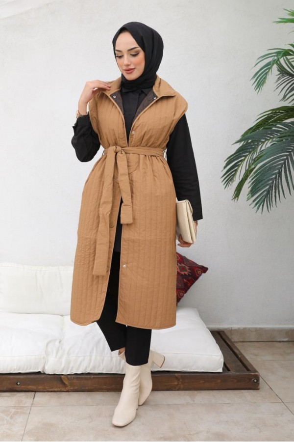  Çıtçıtlı Dikey Çizgili Kapitone Yelek Camel 88005