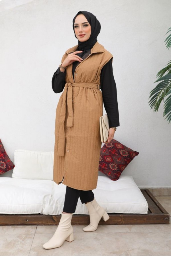  Çıtçıtlı Dikey Çizgili Kapitone Yelek Camel 88005