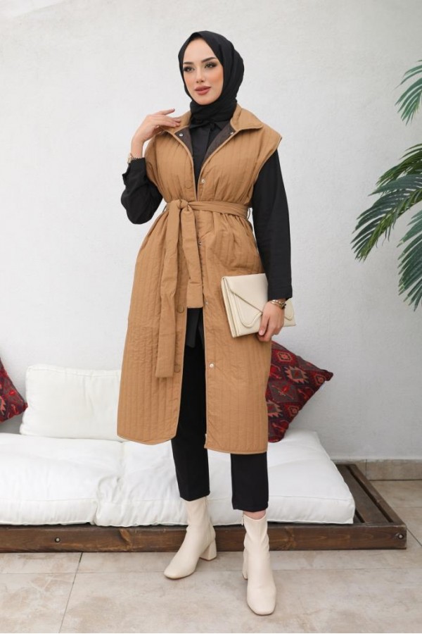  Çıtçıtlı Dikey Çizgili Kapitone Yelek Camel 88005