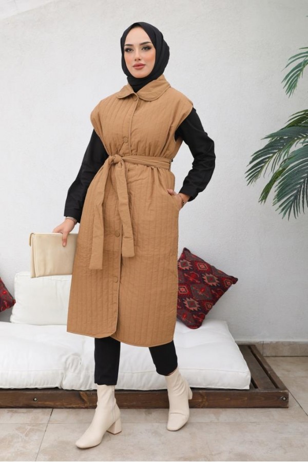  Çıtçıtlı Dikey Çizgili Kapitone Yelek Camel 88005