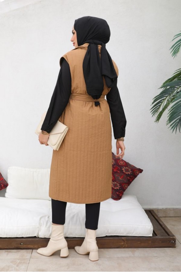  Çıtçıtlı Dikey Çizgili Kapitone Yelek Camel 88005