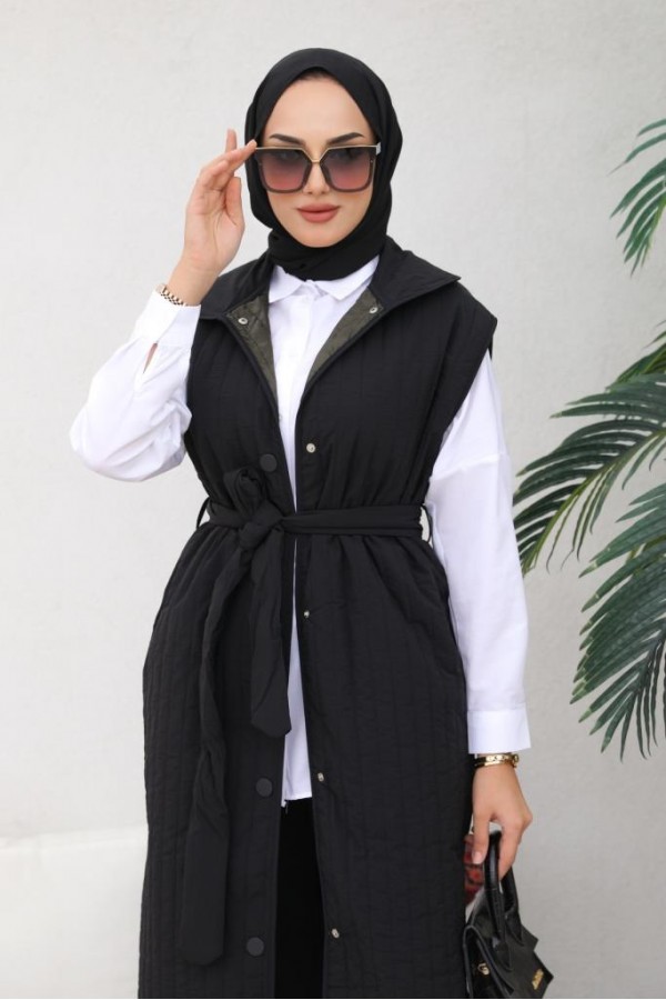  Çıtçıtlı Dikey Çizgili Kapitone Yelek Siyah 88005