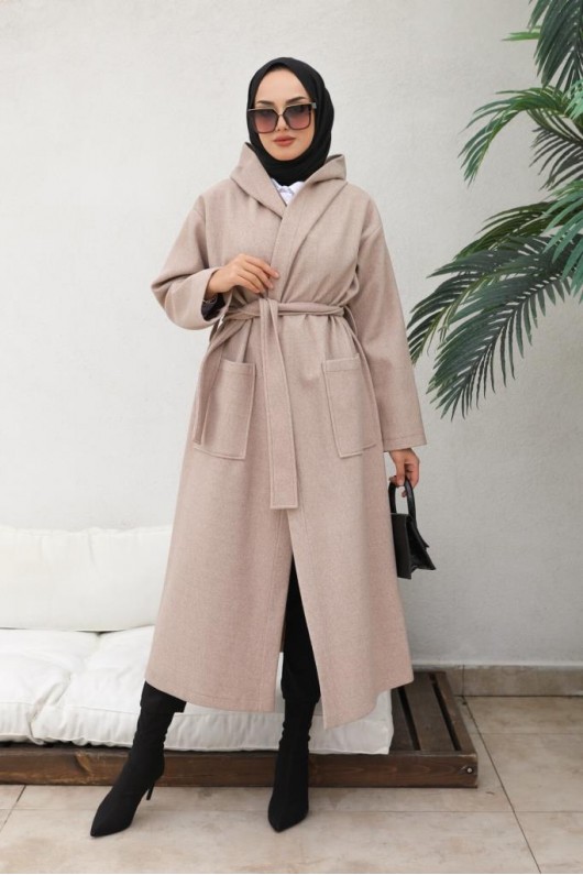 Kapüşonlu Kuşaklı Kaşe Kaban Bej 81003 Kapüşonlu Kuşaklı Kaşe Kaban Bej 81003