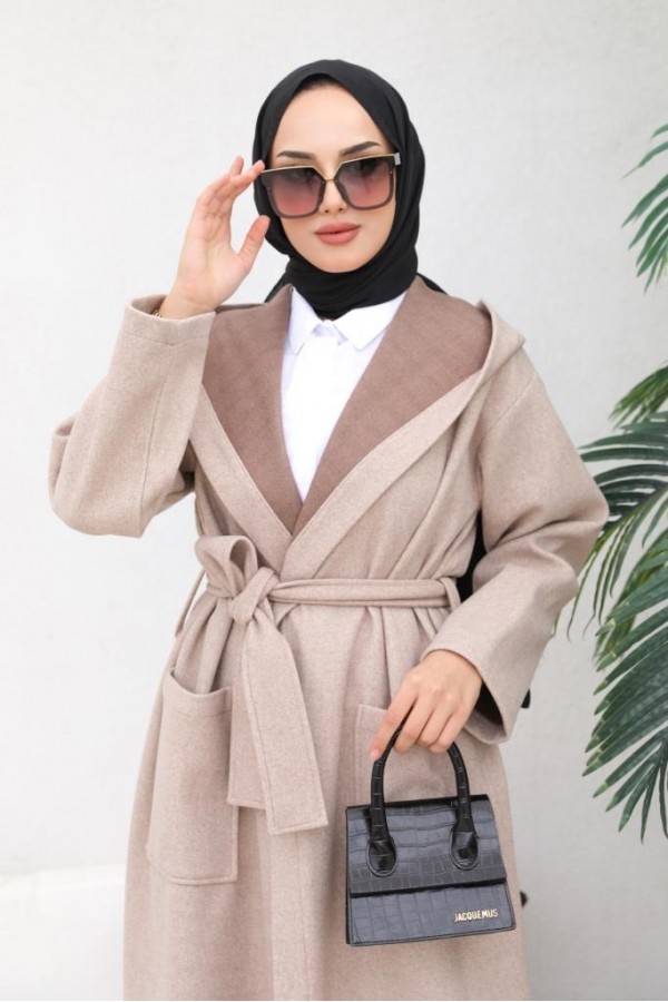 Kapüşonlu Kuşaklı Kaşe Kaban Bej 81003 Kapüşonlu Kuşaklı Kaşe Kaban Bej 81003