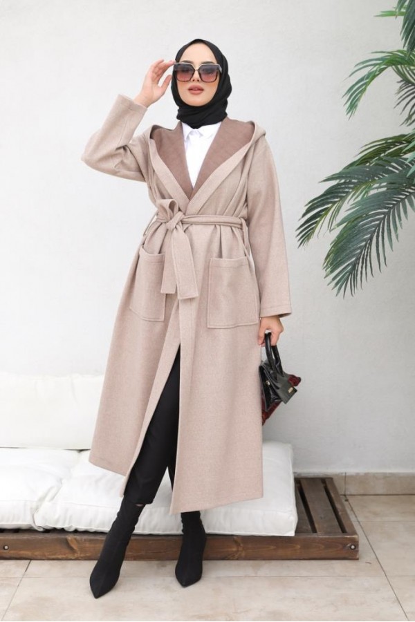 Kapüşonlu Kuşaklı Kaşe Kaban Bej 81003 Kapüşonlu Kuşaklı Kaşe Kaban Bej 81003