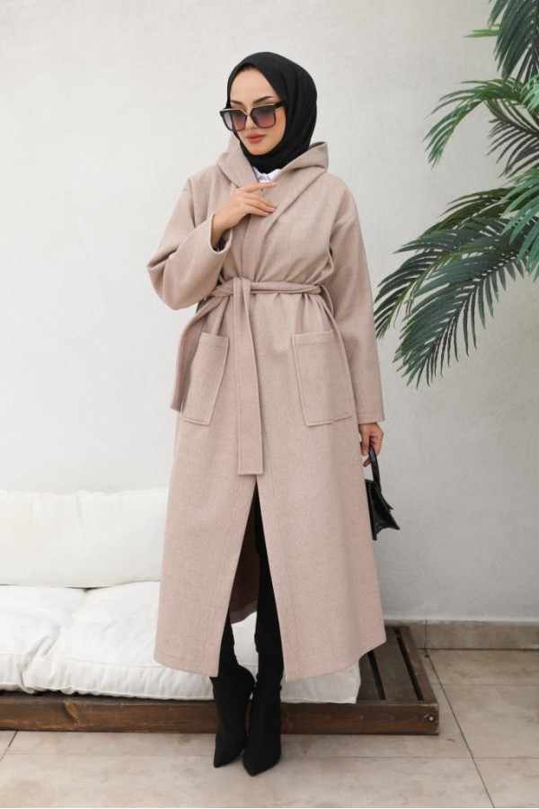 Kapüşonlu Kuşaklı Kaşe Kaban Bej 81003 Kapüşonlu Kuşaklı Kaşe Kaban Bej 81003