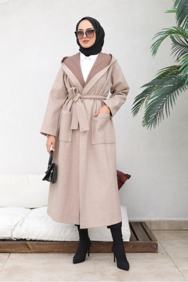 Kapüşonlu Kuşaklı Kaşe Kaban Bej 81003 Kapüşonlu Kuşaklı Kaşe Kaban Bej 81003