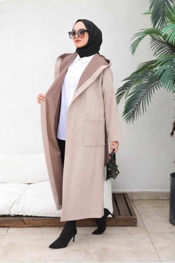 Kapüşonlu Kuşaklı Kaşe Kaban Bej 81003 Kapüşonlu Kuşaklı Kaşe Kaban Bej 81003