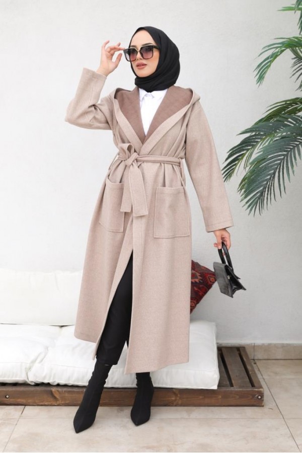 Kapüşonlu Kuşaklı Kaşe Kaban Bej 81003 Kapüşonlu Kuşaklı Kaşe Kaban Bej 81003