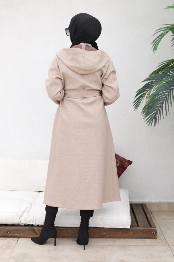 Kapüşonlu Kuşaklı Kaşe Kaban Bej 81003 Kapüşonlu Kuşaklı Kaşe Kaban Bej 81003