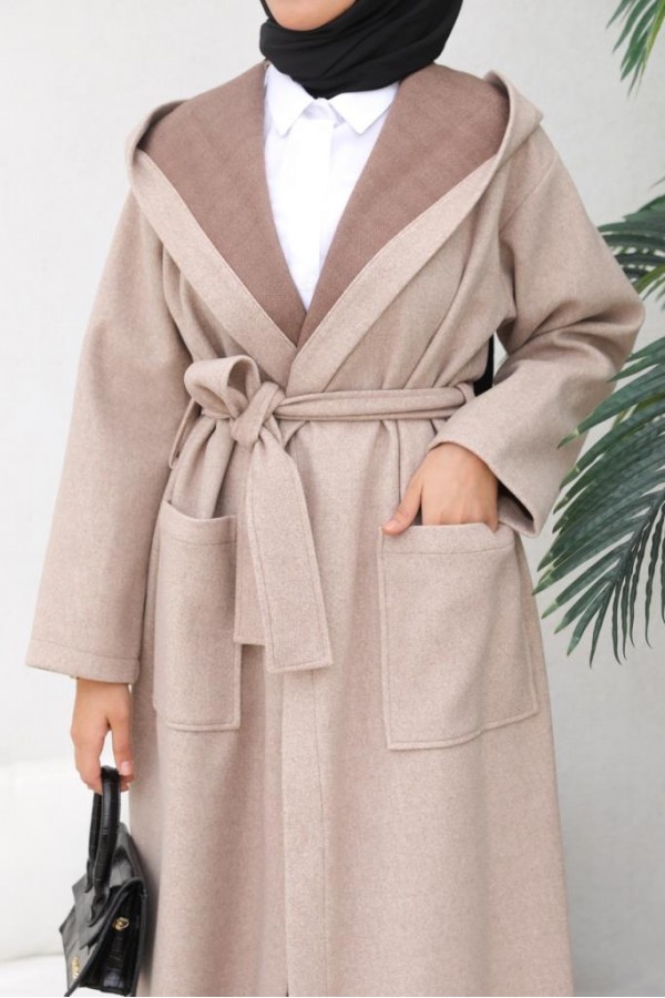 Kapüşonlu Kuşaklı Kaşe Kaban Bej 81003 Kapüşonlu Kuşaklı Kaşe Kaban Bej 81003