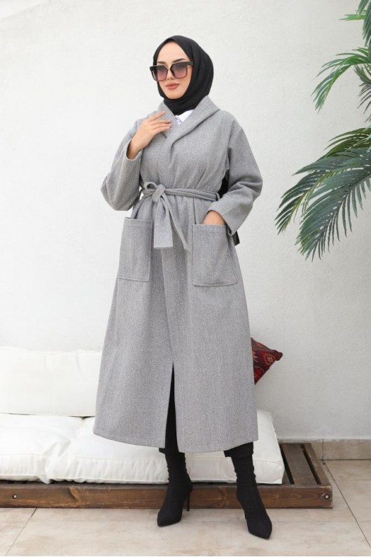 Kapüşonlu Kuşaklı Kaşe Kaban Gri 81003 Kapüşonlu Kuşaklı Kaşe Kaban Gri 81003