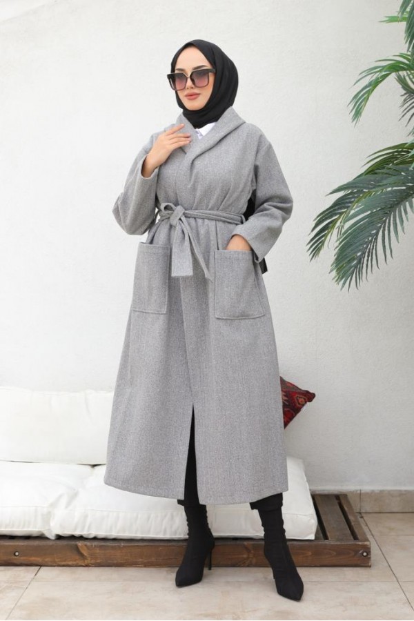 Kapüşonlu Kuşaklı Kaşe Kaban Gri 81003 Kapüşonlu Kuşaklı Kaşe Kaban Gri 81003