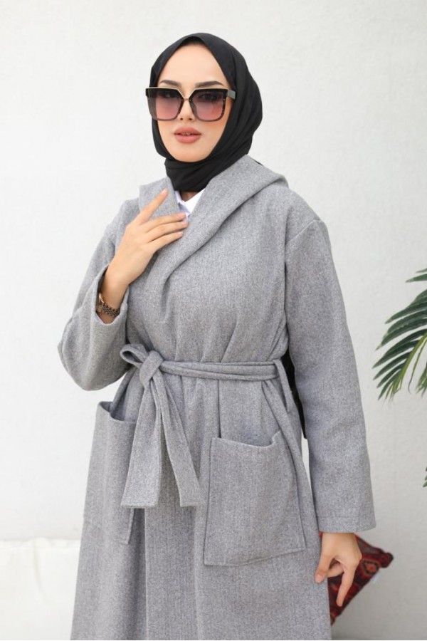 Kapüşonlu Kuşaklı Kaşe Kaban Gri 81003 Kapüşonlu Kuşaklı Kaşe Kaban Gri 81003