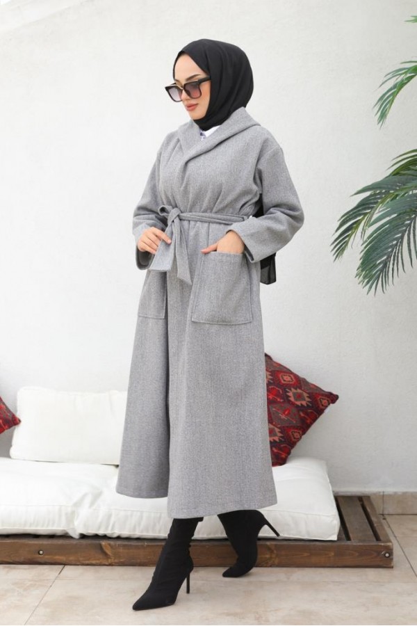 Kapüşonlu Kuşaklı Kaşe Kaban Gri 81003 Kapüşonlu Kuşaklı Kaşe Kaban Gri 81003