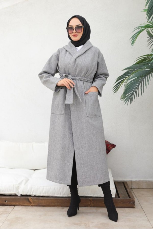 Kapüşonlu Kuşaklı Kaşe Kaban Gri 81003 Kapüşonlu Kuşaklı Kaşe Kaban Gri 81003