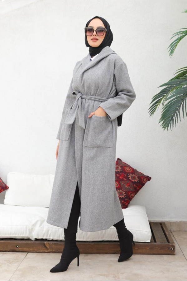 Kapüşonlu Kuşaklı Kaşe Kaban Gri 81003 Kapüşonlu Kuşaklı Kaşe Kaban Gri 81003