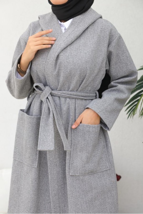 Kapüşonlu Kuşaklı Kaşe Kaban Gri 81003 Kapüşonlu Kuşaklı Kaşe Kaban Gri 81003