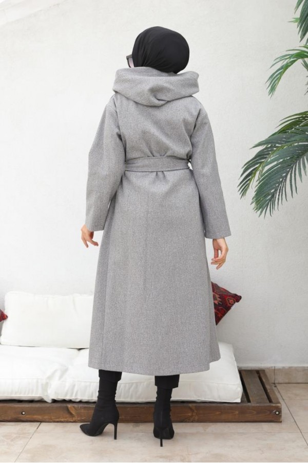 Kapüşonlu Kuşaklı Kaşe Kaban Gri 81003 Kapüşonlu Kuşaklı Kaşe Kaban Gri 81003