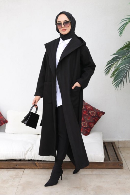 Kapüşonlu Kuşaklı Kaşe Kaban Siyah 81003 Kapüşonlu Kuşaklı Kaşe Kaban Siyah 81003