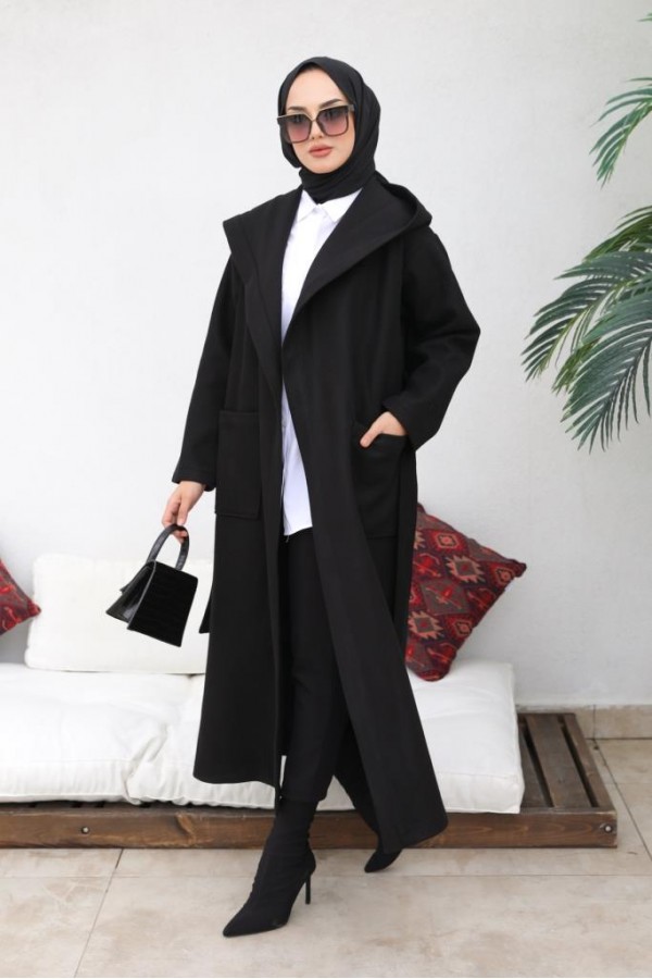 Kapüşonlu Kuşaklı Kaşe Kaban Siyah 81003 Kapüşonlu Kuşaklı Kaşe Kaban Siyah 81003