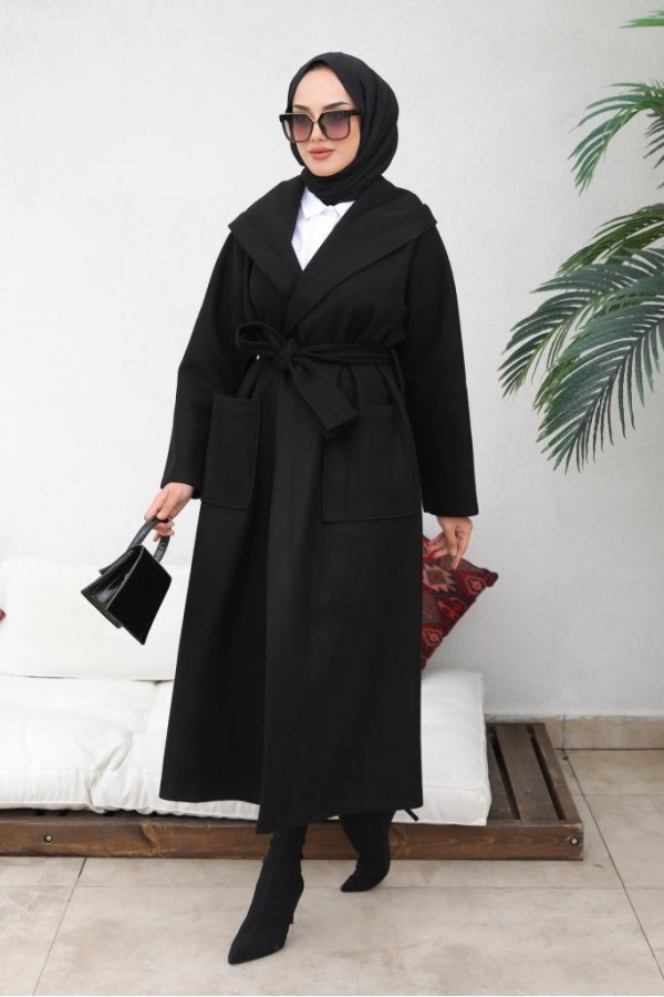 Kapüşonlu Kuşaklı Kaşe Kaban Siyah 81003 Kapüşonlu Kuşaklı Kaşe Kaban Siyah 81003