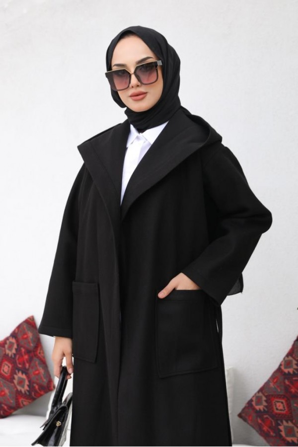 Kapüşonlu Kuşaklı Kaşe Kaban Siyah 81003 Kapüşonlu Kuşaklı Kaşe Kaban Siyah 81003