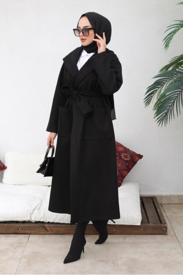 Kapüşonlu Kuşaklı Kaşe Kaban Siyah 81003 Kapüşonlu Kuşaklı Kaşe Kaban Siyah 81003