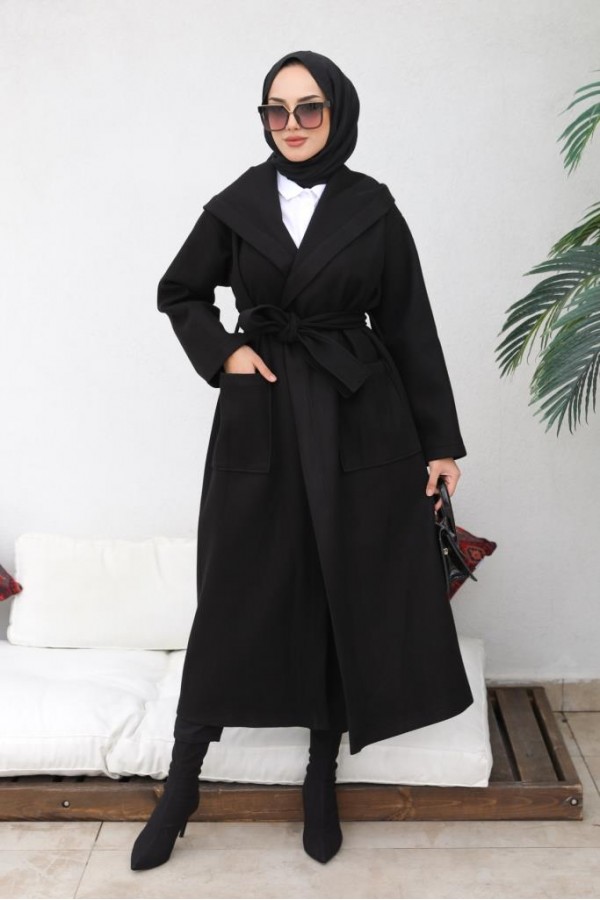 Kapüşonlu Kuşaklı Kaşe Kaban Siyah 81003 Kapüşonlu Kuşaklı Kaşe Kaban Siyah 81003