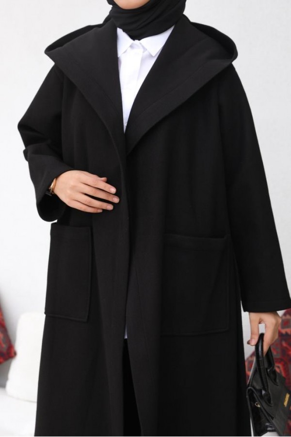 Kapüşonlu Kuşaklı Kaşe Kaban Siyah 81003 Kapüşonlu Kuşaklı Kaşe Kaban Siyah 81003