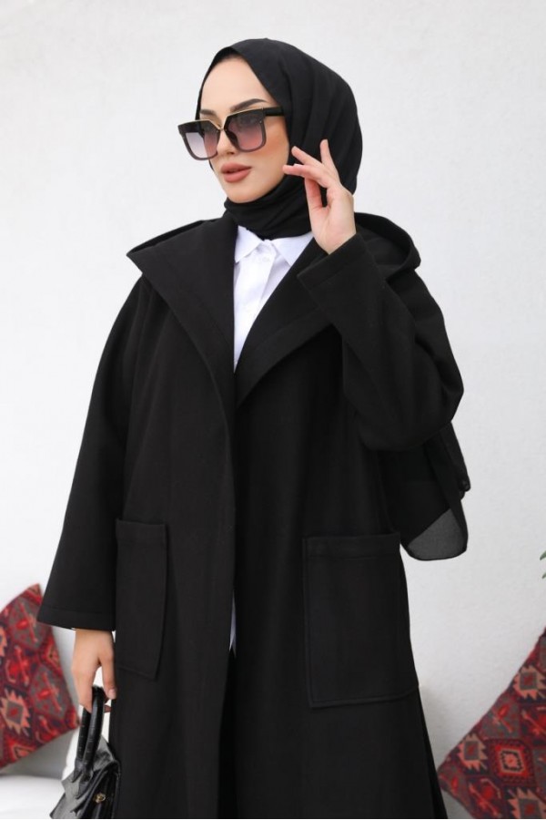 Kapüşonlu Kuşaklı Kaşe Kaban Siyah 81003 Kapüşonlu Kuşaklı Kaşe Kaban Siyah 81003