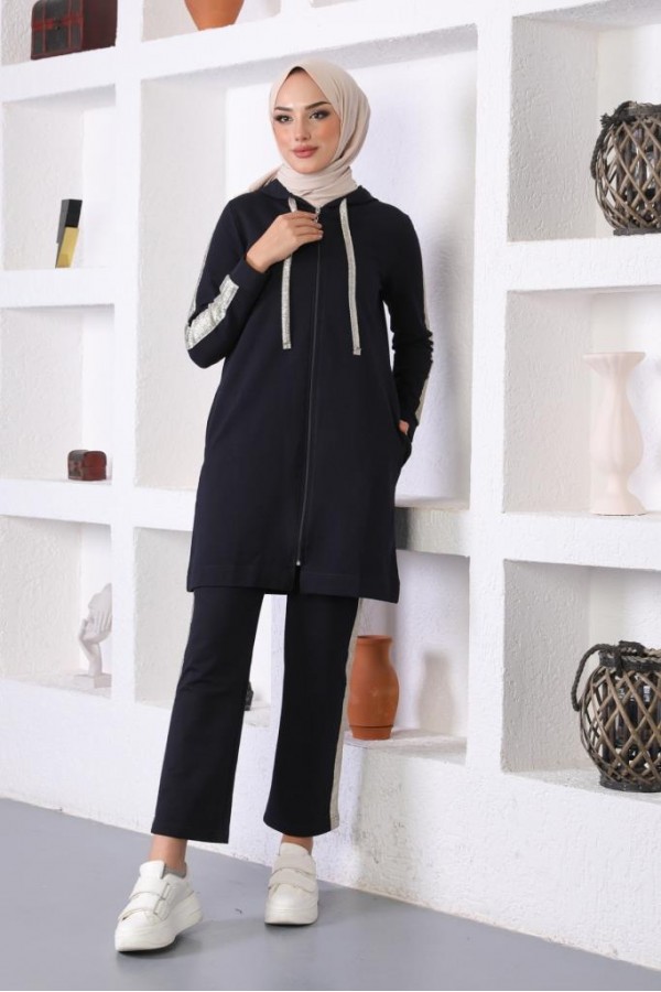  Sim Şerit Detaylı İkili Tesettür Takım Lacivert 31017