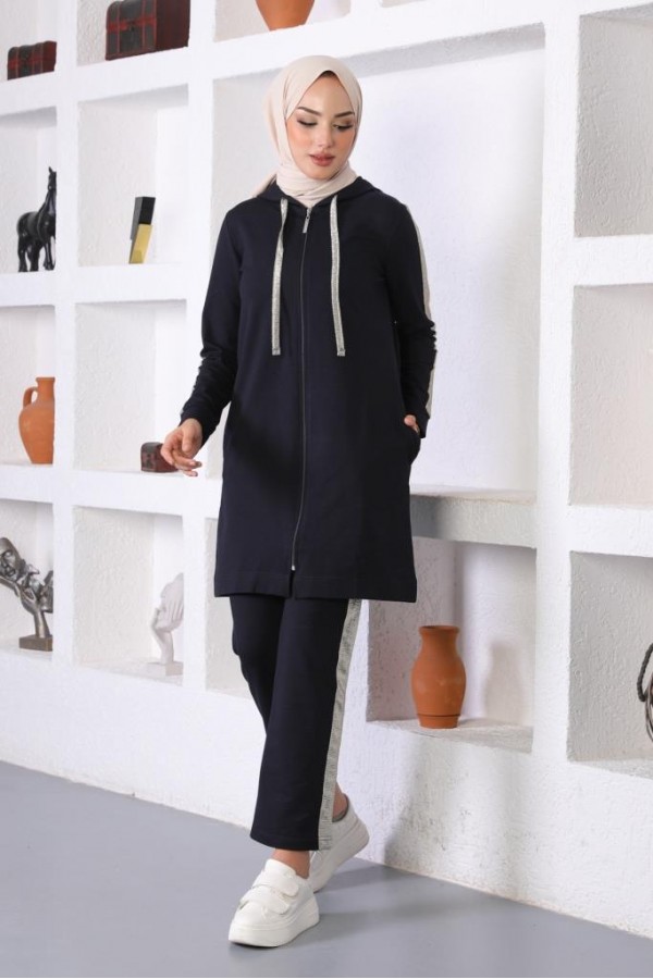  Sim Şerit Detaylı İkili Tesettür Takım Lacivert 31017