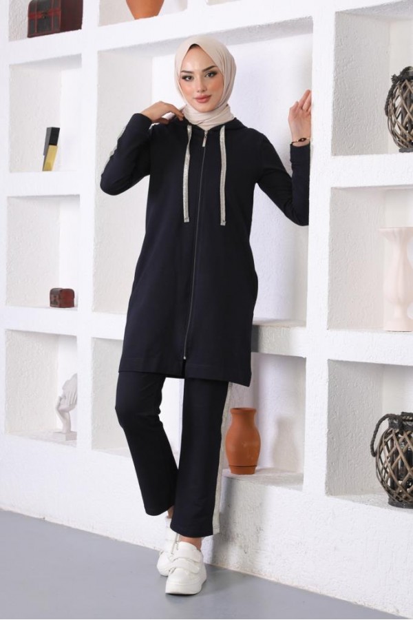  Sim Şerit Detaylı İkili Tesettür Takım Lacivert 31017