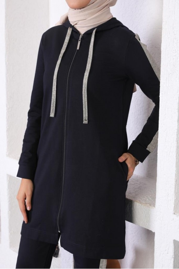  Sim Şerit Detaylı İkili Tesettür Takım Lacivert 31017