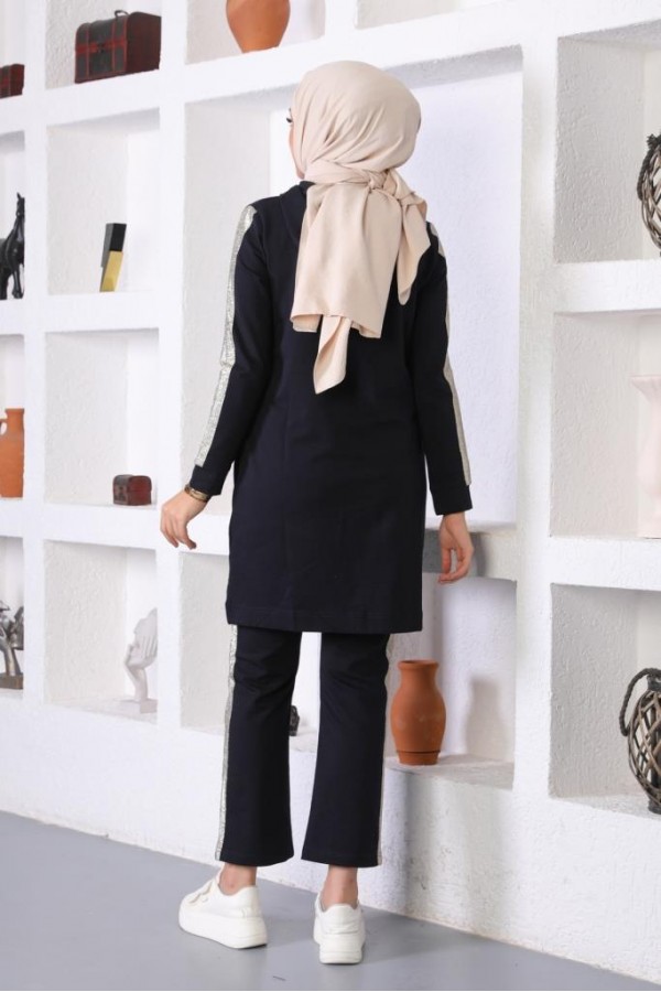  Sim Şerit Detaylı İkili Tesettür Takım Lacivert 31017