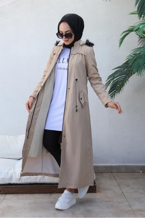  Kapüşonlu Bondit Tesettür Mont Bej 1054