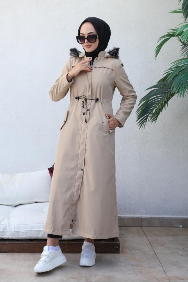  Kapüşonlu Bondit Tesettür Mont Bej 1054