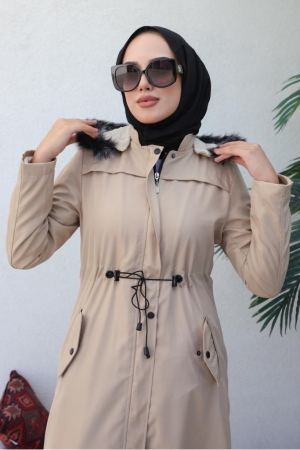  Kapüşonlu Bondit Tesettür Mont Bej 1054