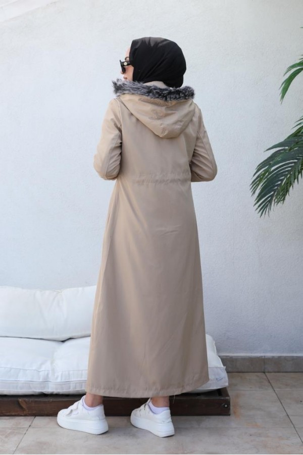  Kapüşonlu Bondit Tesettür Mont Bej 1054