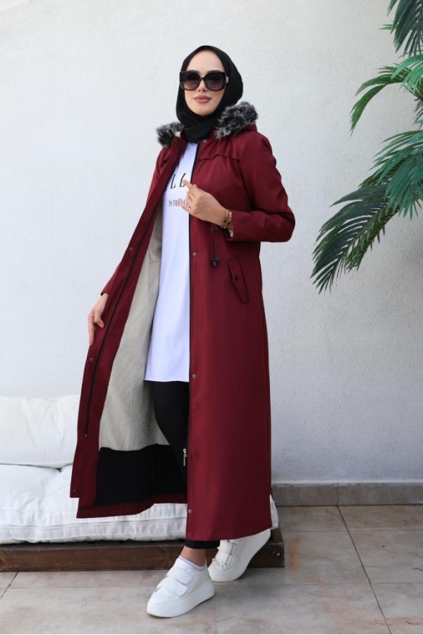  Kapüşonlu Bondit Tesettür Mont Bordo 1054