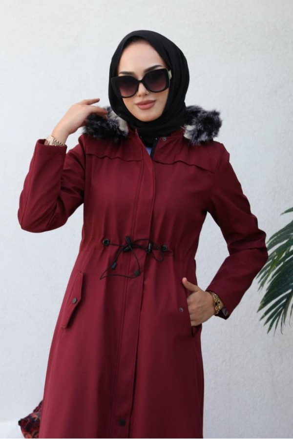  Kapüşonlu Bondit Tesettür Mont Bordo 1054