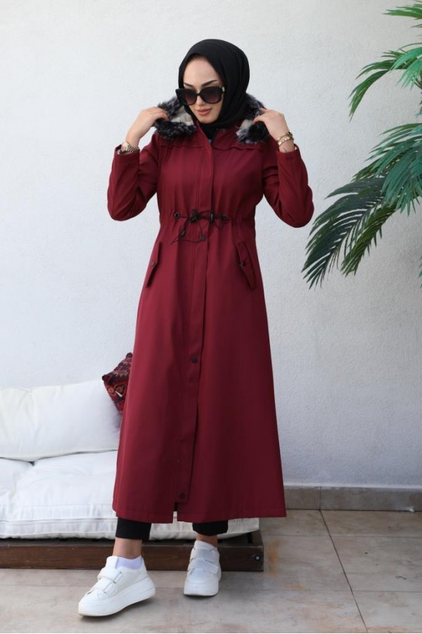  Kapüşonlu Bondit Tesettür Mont Bordo 1054