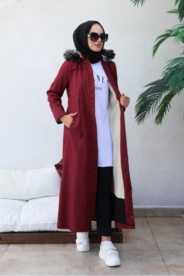  Kapüşonlu Bondit Tesettür Mont Bordo 1054