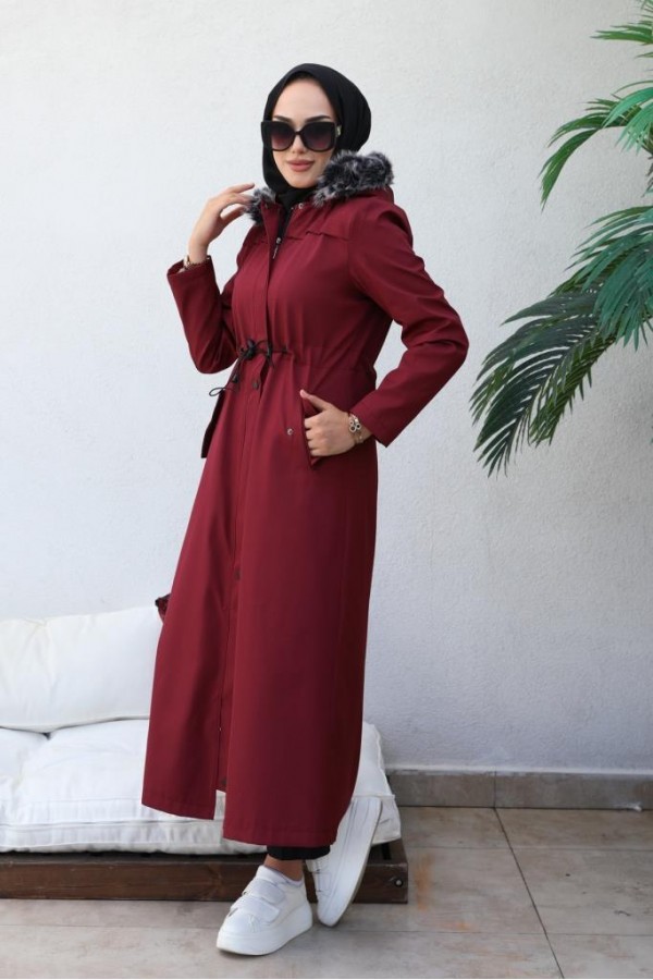  Kapüşonlu Bondit Tesettür Mont Bordo 1054