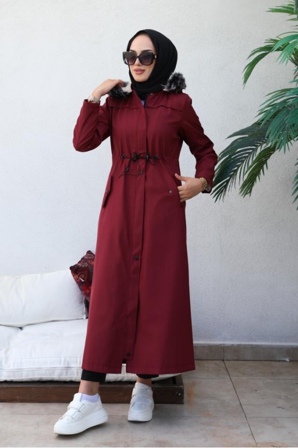  Kapüşonlu Bondit Tesettür Mont Bordo 1054